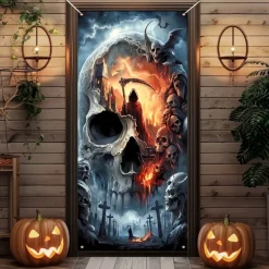 Halloween Door Cover Outdoor Banners Skeleton 3D Psychedelic Party Outdoor Shooting Backgrounds Front Door Wall Porch Decorations Wall Door Background