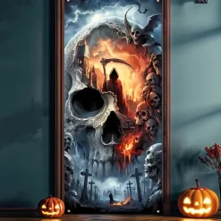 Halloween Door Cover Outdoor Banners Skeleton 3D Psychedelic Party Outdoor Shooting Backgrounds Front Door Wall Porch Decorations Wall Door Background