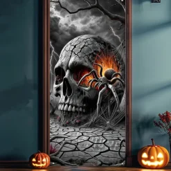Halloween Door Cover Outdoor Banners Skeleton 3D Psychedelic Party Outdoor Shooting Backgrounds Front Door Wall Porch Decorations Wall Door Background