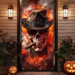 Halloween Door Cover Outdoor Banners Skeleton Psychedelic Dark Punk Gothic Style Party Outdoor Shooting Backgrounds Front Door Wall Porch Decorations Wall Door Background