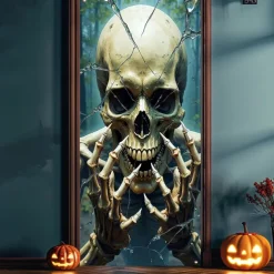Halloween Door Cover Outdoor Banners Skeleton Psychedelic Dark Punk Gothic Style Party Outdoor Shooting Backgrounds Front Door Wall Porch Decorations Wall Door Background