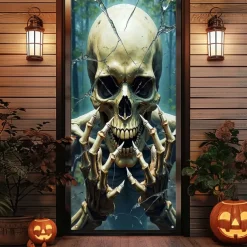 Halloween Door Cover Outdoor Banners Skeleton Psychedelic Dark Punk Gothic Style Party Outdoor Shooting Backgrounds Front Door Wall Porch Decorations Wall Door Background