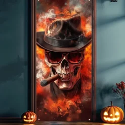 Halloween Door Cover Outdoor Banners Skeleton Psychedelic Dark Punk Gothic Style Party Outdoor Shooting Backgrounds Front Door Wall Porch Decorations Wall Door Background