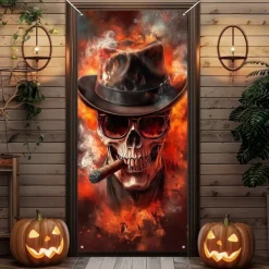 Halloween Door Cover Outdoor Banners Skeleton Psychedelic Dark Punk Gothic Style Party Outdoor Shooting Backgrounds Front Door Wall Porch Decorations Wall Door Background