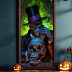 Halloween Door Cover Outdoor Banners Skeleton Psychedelic Dark Punk Gothic Style Party Outdoor Shooting Backgrounds Front Door Wall Porch Decorations Wall Door Background