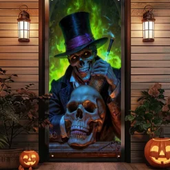 Halloween Door Cover Outdoor Banners Skeleton Psychedelic Dark Punk Gothic Style Party Outdoor Shooting Backgrounds Front Door Wall Porch Decorations Wall Door Background