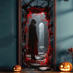 Halloween Door Cover Outdoor Banners Skeleton Grim Reaper Psychedelic Dark Punk Gothic Style Party Outdoor Shooting Backgrounds Front Door Wall Porch Decorations Wall Door Background