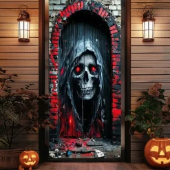 Halloween Door Cover Outdoor Banners Skeleton Grim Reaper Psychedelic Dark Punk Gothic Style Party Outdoor Shooting Backgrounds Front Door Wall Porch Decorations Wall Door Background