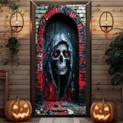 Halloween Door Cover Outdoor Banners Skeleton Grim Reaper Psychedelic Dark Punk Gothic Style Party Outdoor Shooting Backgrounds Front Door Wall Porch Decorations Wall Door Background