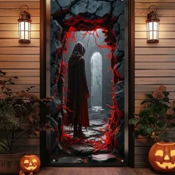 Halloween Door Cover Outdoor Banners Skeleton Grim Reaper Psychedelic Dark Punk Gothic Style Party Outdoor Shooting Backgrounds Front Door Wall Porch Decorations Wall Door Background