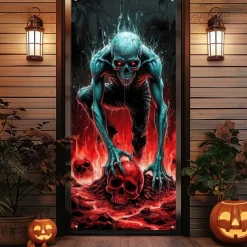 Halloween Door Cover Outdoor Banners Skeleton Grim Reaper Psychedelic Dark Punk Gothic Style Party Outdoor Shooting Backgrounds Front Door Wall Porch Decorations Wall Door Background