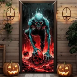 Halloween Door Cover Outdoor Banners Skeleton Grim Reaper Psychedelic Dark Punk Gothic Style Party Outdoor Shooting Backgrounds Front Door Wall Porch Decorations Wall Door Background