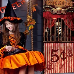 Halloween Door Cover Outdoor Banners Skeleton Circus Psychedelic Dark Punk Gothic Style Party Outdoor Shooting Backgrounds Front Door Wall Porch Decorations Wall Door Background