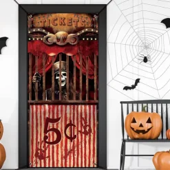 Halloween Door Cover Outdoor Banners Skeleton Circus Psychedelic Dark Punk Gothic Style Party Outdoor Shooting Backgrounds Front Door Wall Porch Decorations Wall Door Background