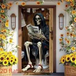Halloween Door Cover Outdoor Banners Skeleton Grim Reaper Funny Psychedelic Party Outdoor Shooting Backgrounds Front Door Wall Porch Decorations Wall Door Background