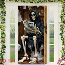 Halloween Door Cover Outdoor Banners Skeleton Grim Reaper Funny Psychedelic Party Outdoor Shooting Backgrounds Front Door Wall Porch Decorations Wall Door Background