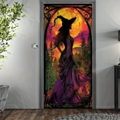 Halloween Door Cover Outdoor Banners Pumpkin Witch Psychedelic Dark Punk Gothic Style Party Outdoor Shooting Backgrounds Front Door Wall Porch Decorations Wall Door Background