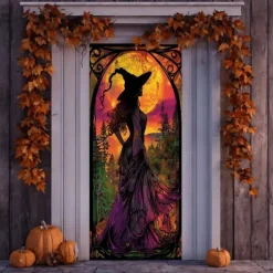Halloween Door Cover Outdoor Banners Pumpkin Witch Psychedelic Dark Punk Gothic Style Party Outdoor Shooting Backgrounds Front Door Wall Porch Decorations Wall Door Background