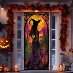 Halloween Door Cover Outdoor Banners Pumpkin Witch Psychedelic Dark Punk Gothic Style Party Outdoor Shooting Backgrounds Front Door Wall Porch Decorations Wall Door Background