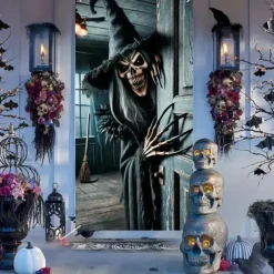 Halloween Door Cover Outdoor Banners Witch Psychedelic Dark Punk Gothic Style Party Outdoor Shooting Backgrounds Front Door Wall Porch Decorations Wall Door Background
