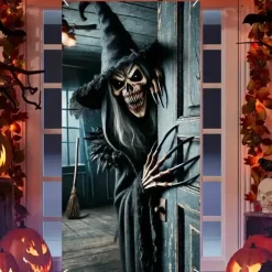 Halloween Door Cover Outdoor Banners Witch Psychedelic Dark Punk Gothic Style Party Outdoor Shooting Backgrounds Front Door Wall Porch Decorations Wall Door Background