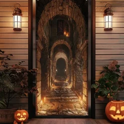Halloween Door Cover Outdoor Banners Skeleton 3D Psychedelic Party Outdoor Shooting Backgrounds Front Door Wall Porch Decorations Wall Door Background