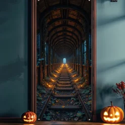 Halloween Door Cover Outdoor Banners Skeleton 3D Psychedelic Party Outdoor Shooting Backgrounds Front Door Wall Porch Decorations Wall Door Background