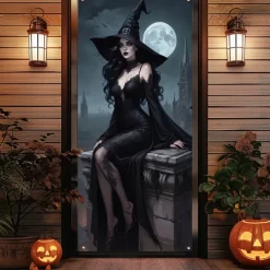 Halloween Door Cover Outdoor Banners Witch Psychedelic Dark Punk Gothic Style Party Outdoor Shooting Backgrounds Front Door Wall Porch Decorations Wall Door Background