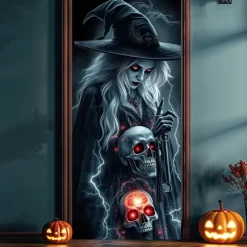 Halloween Door Cover Outdoor Banners Witch Psychedelic Dark Punk Gothic Style Party Outdoor Shooting Backgrounds Front Door Wall Porch Decorations Wall Door Background