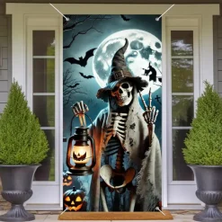 Halloween Door Cover Outdoor Banners Skeleton Psychedelic Dark Punk Gothic Style Party Outdoor Shooting Backgrounds Front Door Wall Porch Decorations Wall Door Background