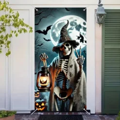 Halloween Door Cover Outdoor Banners Skeleton Psychedelic Dark Punk Gothic Style Party Outdoor Shooting Backgrounds Front Door Wall Porch Decorations Wall Door Background