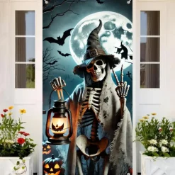 Halloween Door Cover Outdoor Banners Skeleton Psychedelic Dark Punk Gothic Style Party Outdoor Shooting Backgrounds Front Door Wall Porch Decorations Wall Door Background
