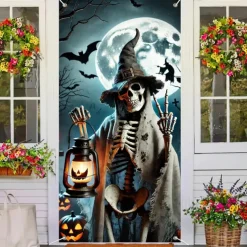 Halloween Door Cover Outdoor Banners Skeleton Psychedelic Dark Punk Gothic Style Party Outdoor Shooting Backgrounds Front Door Wall Porch Decorations Wall Door Background