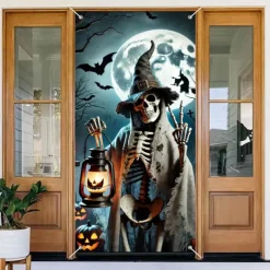 Halloween Door Cover Outdoor Banners Skeleton Psychedelic Dark Punk Gothic Style Party Outdoor Shooting Backgrounds Front Door Wall Porch Decorations Wall Door Background