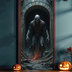 Halloween Door Cover Outdoor Banners Skeleton Grim Reaper Psychedelic Dark Punk Gothic Style Party Outdoor Shooting Backgrounds Front Door Wall Porch Decorations Wall Door Background