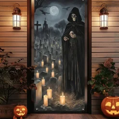 Halloween Door Cover Outdoor Banners Skeleton Grim Reaper Psychedelic Dark Punk Gothic Style Party Outdoor Shooting Backgrounds Front Door Wall Porch Decorations Wall Door Background
