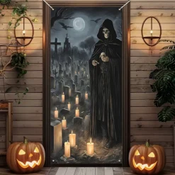 Halloween Door Cover Outdoor Banners Skeleton Grim Reaper Psychedelic Dark Punk Gothic Style Party Outdoor Shooting Backgrounds Front Door Wall Porch Decorations Wall Door Background