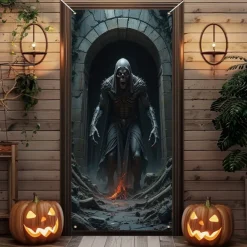 Halloween Door Cover Outdoor Banners Skeleton Grim Reaper Psychedelic Dark Punk Gothic Style Party Outdoor Shooting Backgrounds Front Door Wall Porch Decorations Wall Door Background