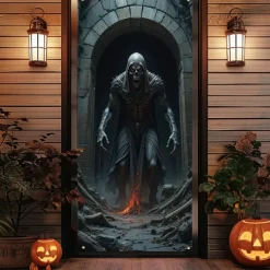 Halloween Door Cover Outdoor Banners Skeleton Grim Reaper Psychedelic Dark Punk Gothic Style Party Outdoor Shooting Backgrounds Front Door Wall Porch Decorations Wall Door Background