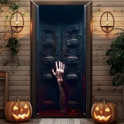 Halloween Door Cover Outdoor Banners Zombies 3D Psychedelic Party Outdoor Shooting Backgrounds Front Door Wall Porch Decorations Wall Door Background