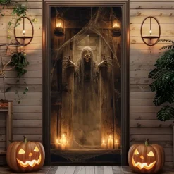 Halloween Door Cover Outdoor Banners Skeleton Psychedelic Dark Punk Gothic Style Party Outdoor Shooting Backgrounds Front Door Wall Porch Decorations Wall Door Background