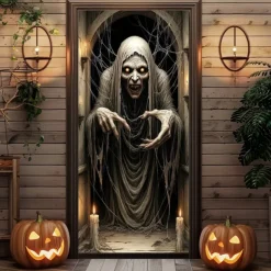 Halloween Door Cover Outdoor Banners Skeleton Psychedelic Dark Punk Gothic Style Party Outdoor Shooting Backgrounds Front Door Wall Porch Decorations Wall Door Background
