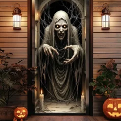 Halloween Door Cover Outdoor Banners Skeleton Psychedelic Dark Punk Gothic Style Party Outdoor Shooting Backgrounds Front Door Wall Porch Decorations Wall Door Background