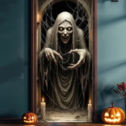 Halloween Door Cover Outdoor Banners Skeleton Psychedelic Dark Punk Gothic Style Party Outdoor Shooting Backgrounds Front Door Wall Porch Decorations Wall Door Background