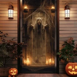 Halloween Door Cover Outdoor Banners Skeleton Psychedelic Dark Punk Gothic Style Party Outdoor Shooting Backgrounds Front Door Wall Porch Decorations Wall Door Background
