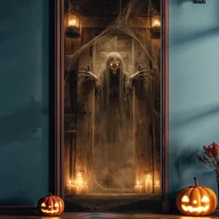 Halloween Door Cover Outdoor Banners Skeleton Psychedelic Dark Punk Gothic Style Party Outdoor Shooting Backgrounds Front Door Wall Porch Decorations Wall Door Background