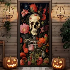 Halloween Door Cover Outdoor Banners Skeleton Flower Psychedelic Dark Punk Gothic Style Party Outdoor Shooting Backgrounds Front Door Wall Porch Decorations Wall Door Background