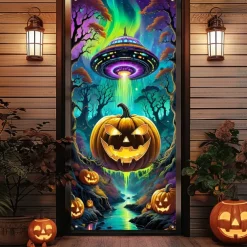 Halloween Door Cover Outdoor Banners Pumpkin UFO Fantasy Psychedelic Party Outdoor Shooting Backgrounds Front Door Wall Porch Decorations Wall Door Background