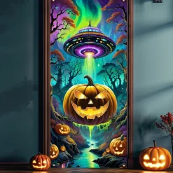Halloween Door Cover Outdoor Banners Pumpkin UFO Fantasy Psychedelic Party Outdoor Shooting Backgrounds Front Door Wall Porch Decorations Wall Door Background