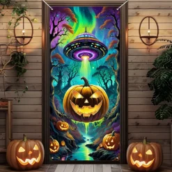 Halloween Door Cover Outdoor Banners Pumpkin UFO Fantasy Psychedelic Party Outdoor Shooting Backgrounds Front Door Wall Porch Decorations Wall Door Background